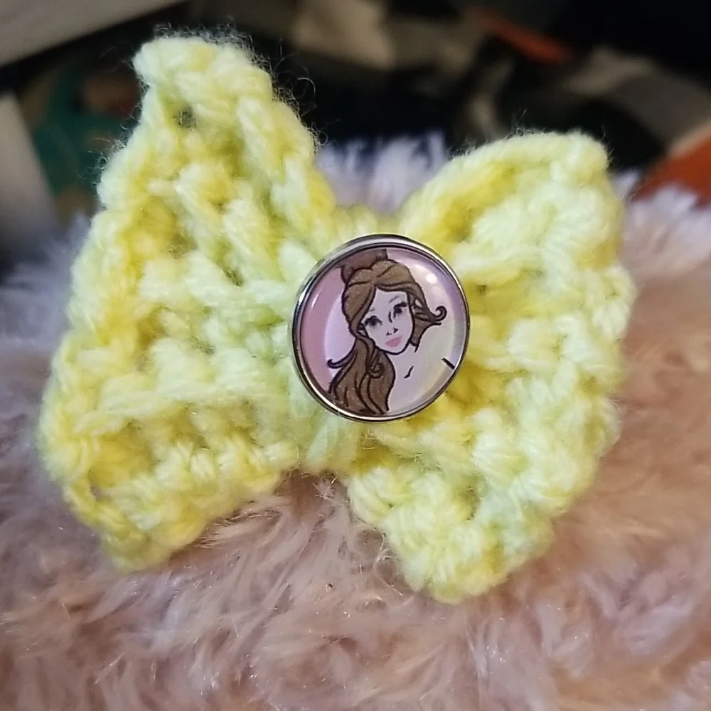Handcrafted Yellow Crocheted Bow Hair Tie With Princess Belle